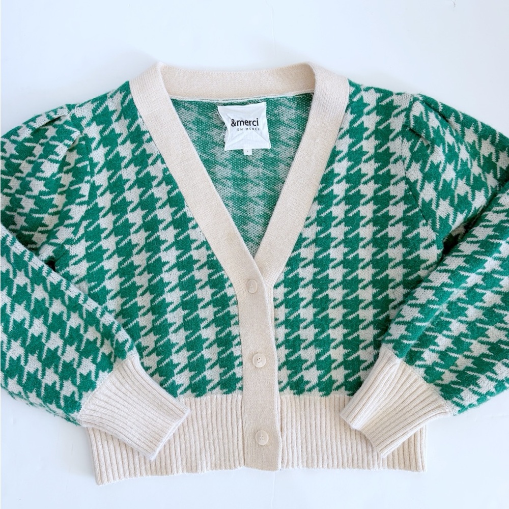 &Merci Green Houndstooth V-Neck Cardigan Sweater size L